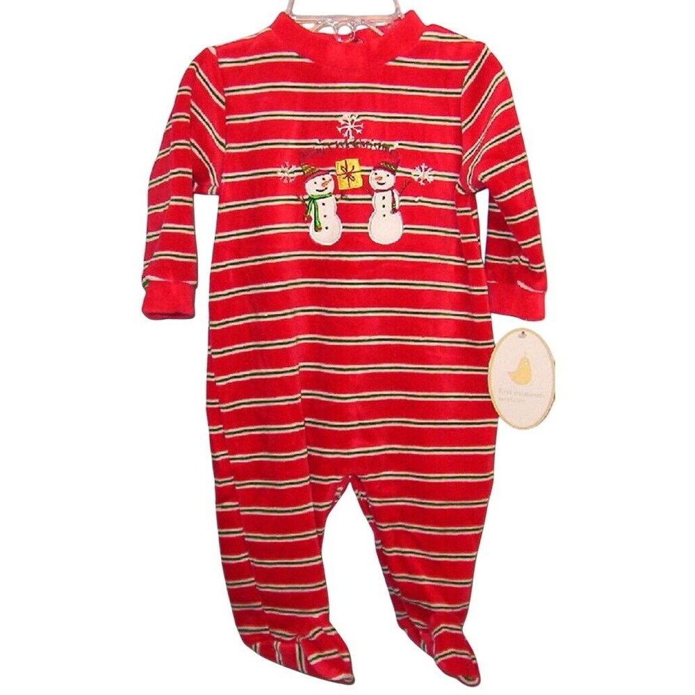 BABYS First CHRISTMAS 0M 3M 0 3 M Romper Sleeper Red Green Stripes Snowman NEW